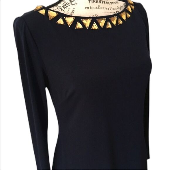 Vince Camuto Navy with Yellow Gold Jewel Neckline Midi Dress 8 - Picture 3 of 6